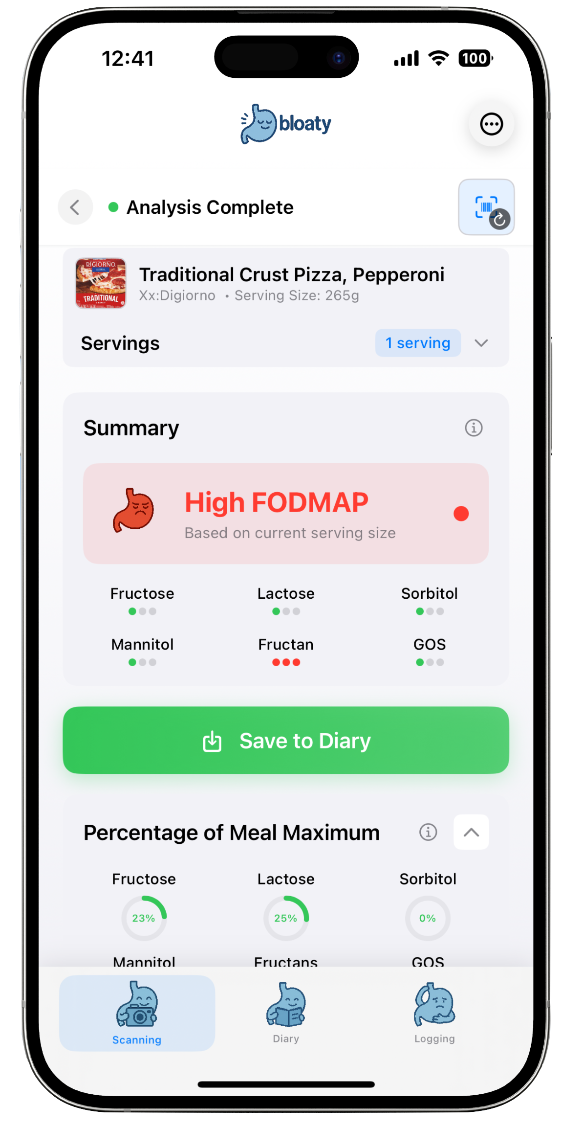 Bloaty app showing FODMAP analysis