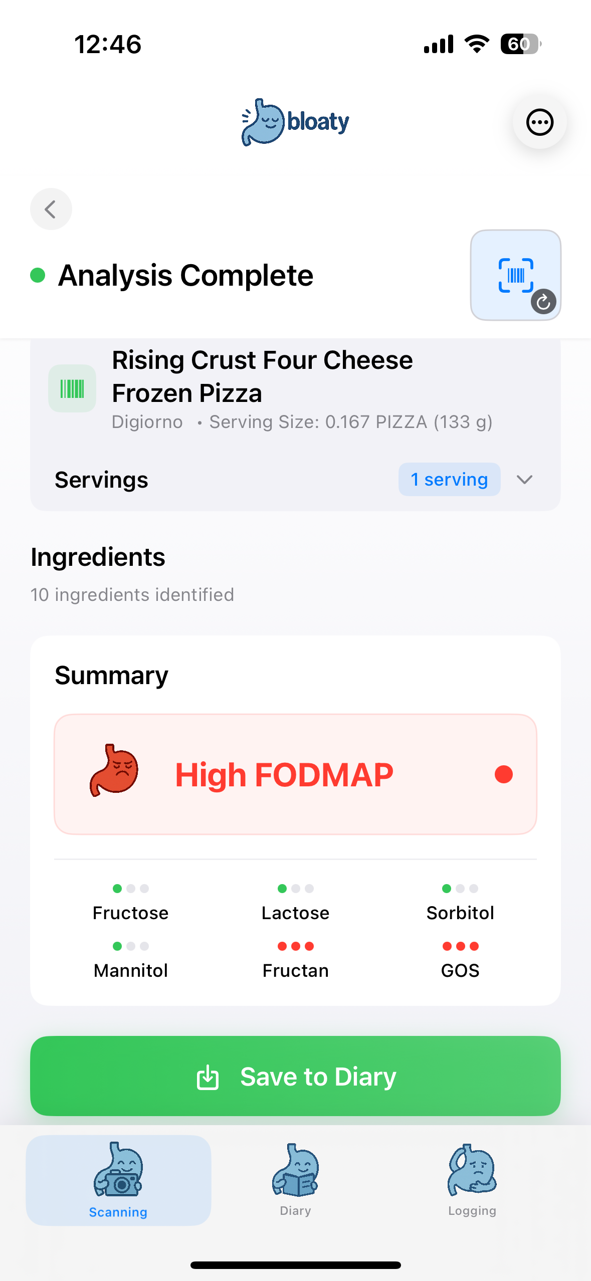 Barcode Scanner screenshot – bloaty IBS FODMAP Tracker