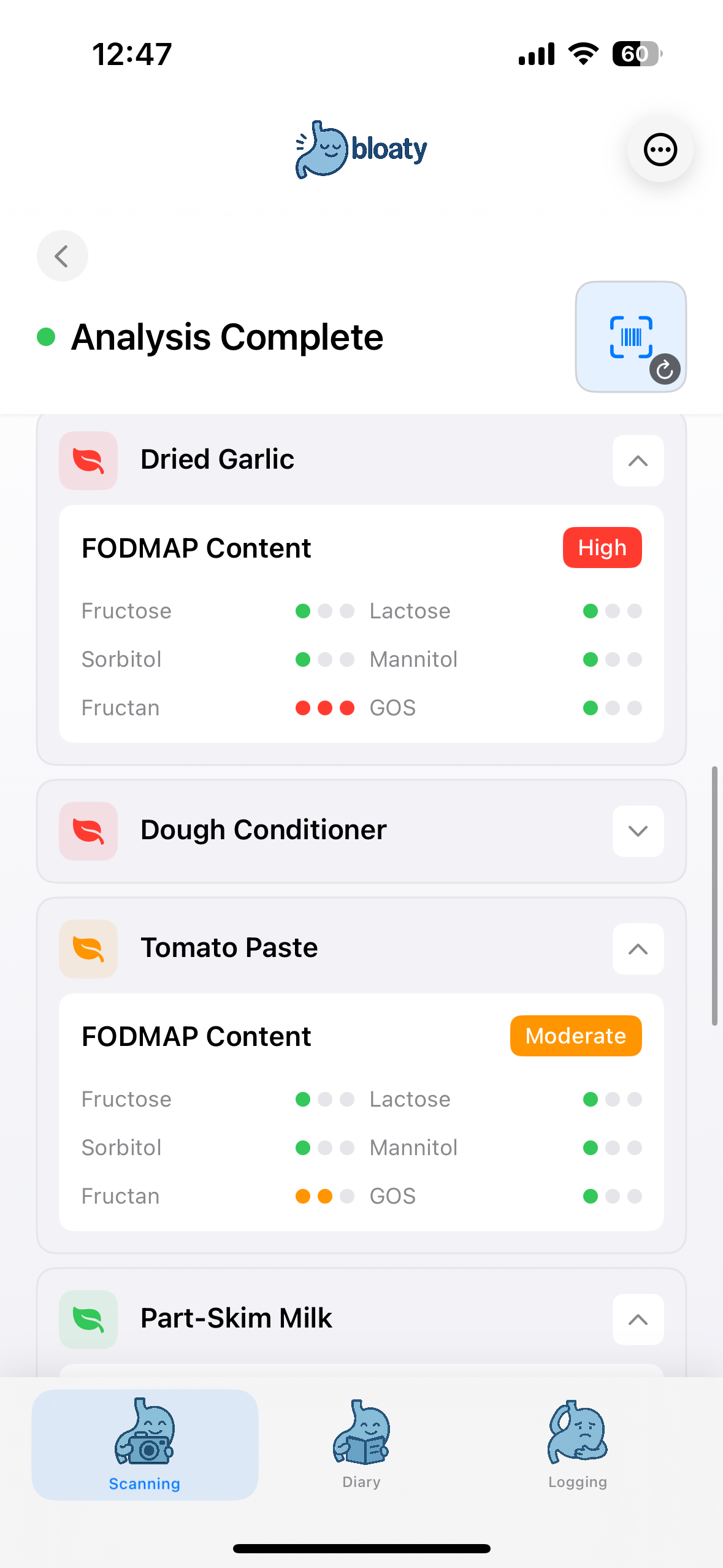 FODMAP Analysis screenshot – bloaty IBS FODMAP Tracker