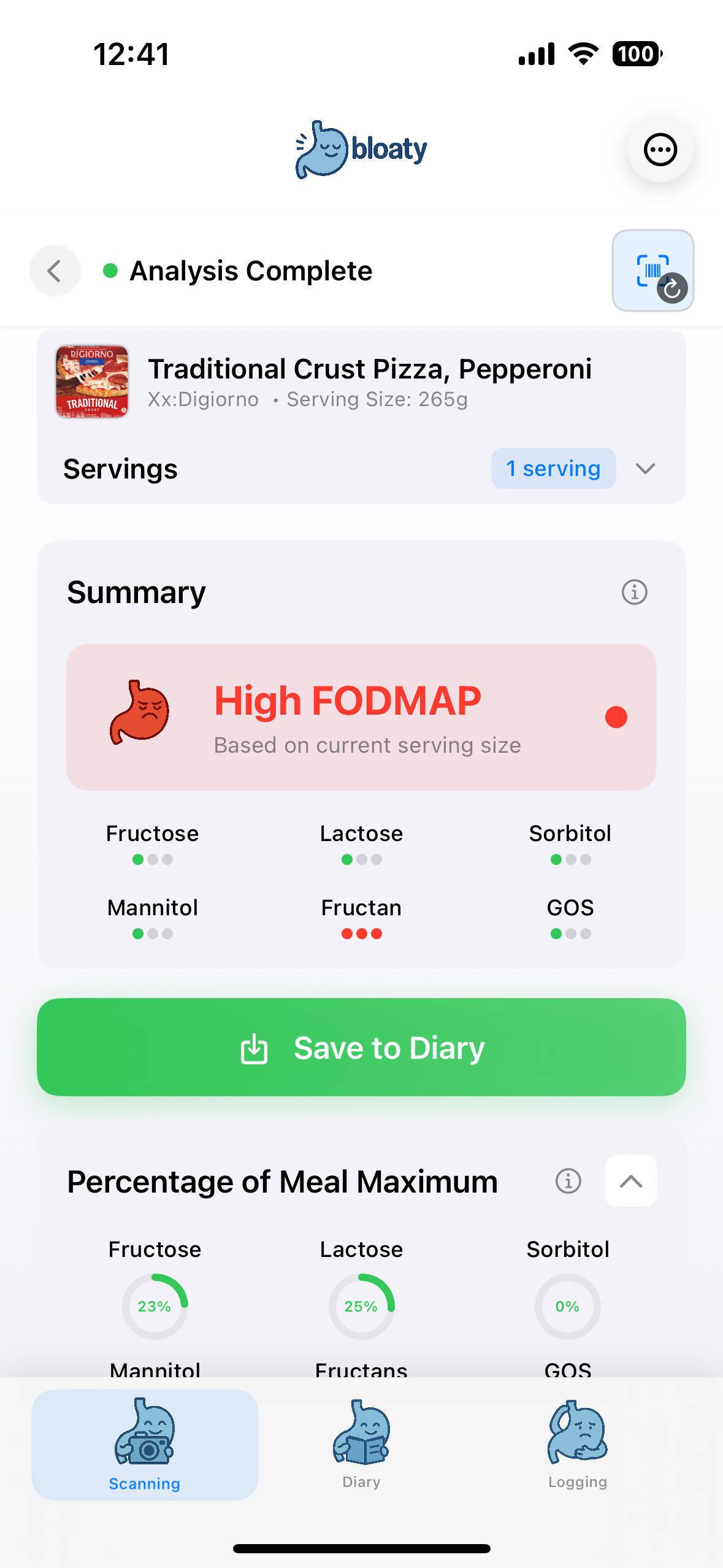 Barcode Scanner screenshot – bloaty IBS FODMAP Tracker
